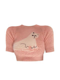 Women O-Neck Knitted Sweater Female Casual Streetwear Harajuku Clothing Short Sleeve Kawaii Print Crop Top Pullovers 2023