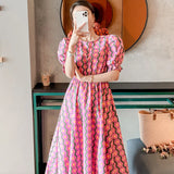 O Neck Slim Elastic Waist Print Elegant Dress 2021 Summer Temperament Style Women Dresses Sweet Puff Short Sleeve