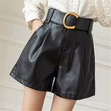 Women's PU Leather Shorts With Belt New Winter Stylish Pockets Ladies Elegant Solid Casual Shorts Trousers