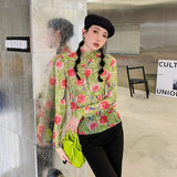 Oil Painting Turtleneck Long Sleeve Mesh Top Floral Print Green Tees See Through T Shirt Fall 2021 Womens