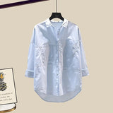 Outfits For Women 2023 Fashion Boho Knitted Vest+long Sleeve Sunscreen Blouse+side Split Pearl Beading Denim Skirts