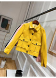 Vintage Biker Leather Jacket Faux Leather Short Design Single Breasted Punk Leather Jacket White Yellow