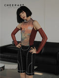 Mesh Turtleneck Tshirt Night Scene Graphic Tees Women Off Shoulder Transparent Top Red Summer T Shirts Fashion