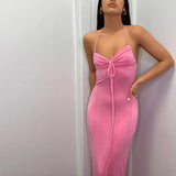 Elegant Lace-up Backless Maxi Dress For Women Gown Summer Off-shoulder Sleeveless Slim Ruched Long Dress