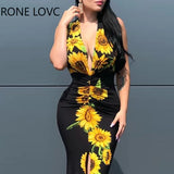 Women Deep V-Neck Plunge Sunflower Print Slit Maxi Dress Maxi Dress Elegant Fashion Chic