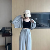 Women 3pcs Sets Cropped Single-Breasted Cardigan Elastic HIgh Waist Drawstring Soft Breathable Wide Leg Pants Casual Female
