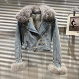 2022 Winter Fox Fur Collar Rabbit Fur Liner Double Breasted Metal Buttons Belt Light Blue Warm Denim Jacket Women
