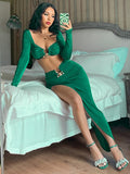 2022 Autumn Two Piece Set Women Square Collar Full Sleeve Crop Top And High Split Skirt Matching Sets Female Dress