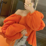 Off Shoulder Pleated Shirts Women Korean Sweet Fluffy Big Puff Sleeve Tops Elegant Vintage Solid Backless Chiffon