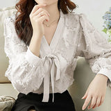 Autumn Flocking Print Bow Lace Up Pullover Chiffon Blouse Elegant Fashion Lantern Long Sleeve All-match Shirt Top