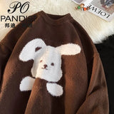 fleece cartoon rabbit Embroidery sweater thicken warm winter tops red brown oversized pullover couples kawaii clothes
