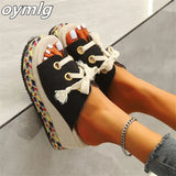 size slippers women's 2022summer woven fish mouth shoes fabric one word lace sponge cake thick bottom sandals and