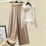 Warm 3 Piece Set Women Pullover Sweater + Wide Leg Pants +Lamb Wool Vest Outfits Knitted Suit Tracksuit Womens