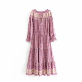 Queens Women Long Sleeve Lace Patchwork Floral Print Beach Bohemian Midi Dress Ladies Tassel Loose Rayon Boho