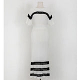 Women O Neck Half Sleeve Pullover Tops High Waist Maxi Skirts Elegant Suits Summer New Striped Hit Color Knitted Two Piece