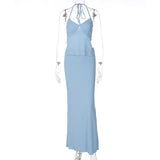 Y2K Fashion Sexy Backless Solid 2 Piece Co-ord Suits 90s Vintage Lace-Up Lettuce Trim Halter Tops and Maxi Skirt