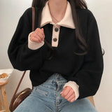 Style Polo Patchwork Women's Sweatshirt Korean Fashion Loose Long Sleeves Women's Clothing Ins Hooded