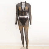 Sexy Black Diamond Crystal Pant Set Women Long Sleeve Zipper Top And See Through Pants Suit Party Club Matching