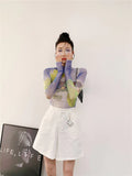 Y2k Mesh Top Graphic T Shirt Long Sleeve Tee Purple Turtleneck Women See Through Gradient Print Sheer Aesthetic