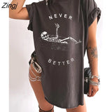 Skull Skeleton Never Better Print Side Slit Women T-shirts New Summer Vintage Tee Shirt 90s Femme Short Sleeve Top