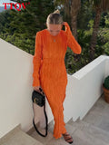 Fashion Orange Women'S Dress 2022 Bodycon O-Neck Long Sleeve Maxi Dress Ladies Elegant Slim Classic Pleated Party