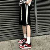 Striped Joggers Shorts Women Streetwear Wide Leg Sports Shorts Bf Hip Hop Baggy Casual Drawstring Straight Short