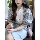 Vintage Floral Blouses Women Korean Cute Print Puff Sleeve Chic Shirts Summer Harajuku Sweet Elegant Loose All Match