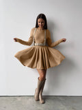 Round Collar Waist Knitted Dress Women's High-End Ins Windy Folded Sweater