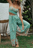 Queens Women Green Floral Print Off Shoulder Sleeveless Tops Bohemian Drawstring Pants 2 Pieces Rayon Boho