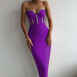 Strapless Women Dress Bandage Bodycon 2021 New Elegant Beading Party Evening Club Midi Dresses Summer Autumn