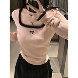 Y2K Cropped Knitted Pullovers Women Square Collar Patchwork Sweater Korean Elegant Slim Knitwear Casual Chic Jumpers