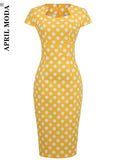 Dress for Women Printed Summer Yellow Bodycon Gowns 50s 60s Pin Up Office Retro Vintage Club Party Dress Evening