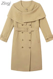 Spring Autumn Elegant Chic Long Khaki Shawl Style Trench Coat for Women Double Breasted Luxury Designer Clothing