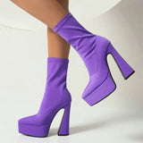 Fashion Women Ankle Boots Stretch Fabric Platform Square High Heel Punk Boots Pointed Toe Autumn Winter Ladies