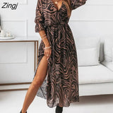 ruffle sleeves lace up wrap Summer Women's Fashion V-neck Slim Chiffon Printed Dress with Side Slit dress maxi