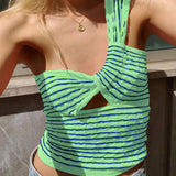 Stripe Knitted Top Tank Y2k Hollow Out Fashion 2022 Summer One Shoulder Sleeveless Sexy Women Crop Tops Casual