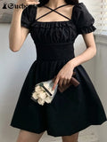 SUCHCUTE Gothic Women Mini Dress Ruffles Summer 2022 Vintage Dark Dress Party Dresses 90s Aesthetics Slim Elastic Waist