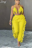 Y2K Tassel Women's Two Piece Sets Summer Halter Backless Crop Top And Pants Matching Sets Solid Slim Casual