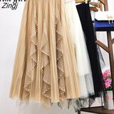Pearl Pleated Tulle Skirt For Women Autumm Korean Irregular Beaded Wave Cut Elastic High Waist Mesh Pleated