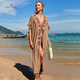 Floral Embroidered Front Open Long Kimono Cardigan Plus Size Navy Blue Tunic Women Tops and Blouses Shirts