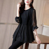Autumn Black Polka Dot Loose Casual Shirt Ladies Elegant Fashion Patchwork Pullover Top Women Long Sleeve Chiffon