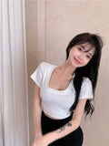 T Shirt Women's Fashion Short Navel Tight Hot Girl Square Neck Sexy White Short Sleeve Top New Summer Tees 2021