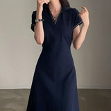 Zingj Chic Summer French Retro POLO Collar Color Trim Waist Show Thin Short Sleeve A-Line Dress Woman-Outfit