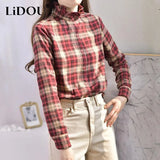 Autumn Agaric Edge Stand Collar Vintage Classic Plaid Sanding Single Breasted Blouse Femme Long Sleeve Simple Shirt