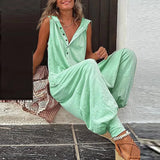 Button Sleeveless Beach Romper Simple Solid Cross-pants Lady Playsuit Women Casual Loose Hooded Jumpsuit Summer