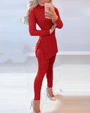 Warm Solid Long Sleeve Slit Knitted Sweater With Skinny Long Pants Suit Women's Elegant 2 Piece Outfits Sets