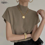 Vest Shirt Summer Solid Stand-up Collar Knitted Vest Short Sleeve Office Lady Loose Elegant Straight Top All Match