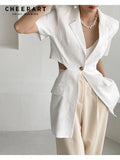 Open Back Short Sleeve Summer Blazer Women 2022 Tunics Korean Fashion Single Button Blazer Jacket Coat