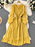 Vintage Women Dress Elegant Orange/Red/Yellow V-Neck Lantern Sleeve High Waist Slim A-Line Vestidos Female New