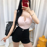 slim tank top women sleeveless Knitted top halter white black bustier V-neck button summer crop tops cropped feminino